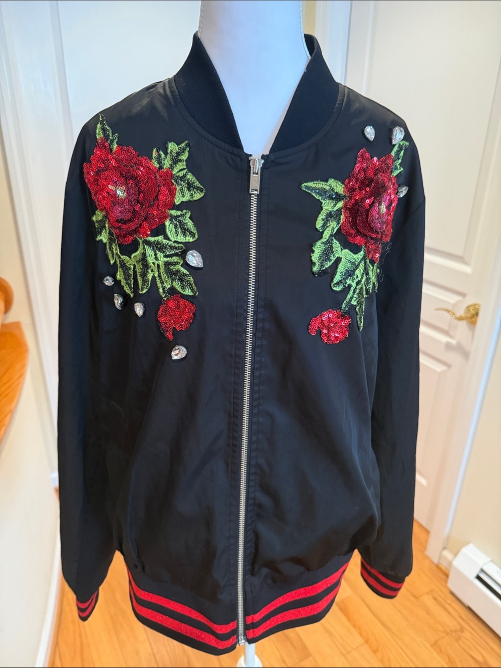 Eleven 60 + Black Embroidered Rose Bomber Jacket 2XL